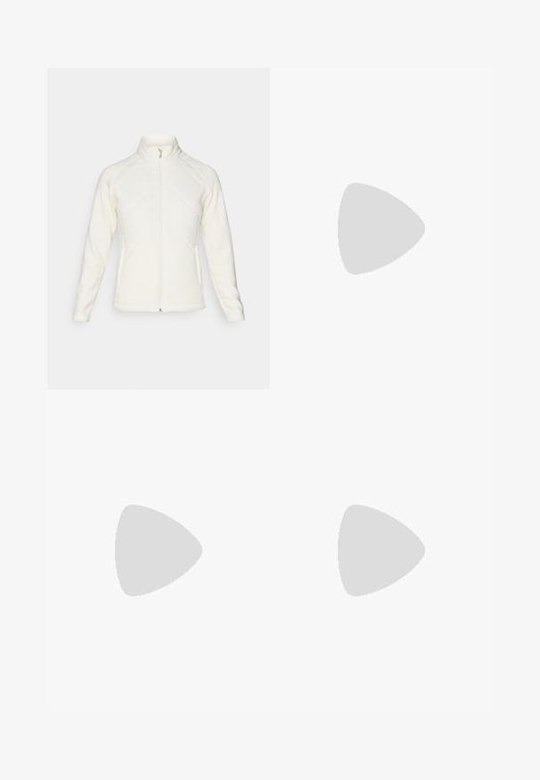 Weißer Zip-Up-Jacke mit hohem Kragen. Verfügt über gesteppten Frontpaneele und gerippte Ärmel, die einen strukturierten Kontrast bieten. Insgesamt glatte Oberfläche.; Weißes Baumwoll-Polohemd mit klassischem Kragen, kurzen Ärmeln und einem dunkelblauen gestickten Logo auf der linken Brust. Fünf-Knopf-Leiste.; Schwarze Hosen mit glatter Textur, ausgestattet mit einem elastischen Bund und slim fit Design, geeignet für Freizeit- oder formelle Anlässe.; Weiße Sportschuhe mit einem strukturierten Mesh-Obermaterial, silbernen Akzenten und einer leichten Sohle mit kleinen Traktionsnoppen, bezeichnet als "ULTRA FLIGHT".