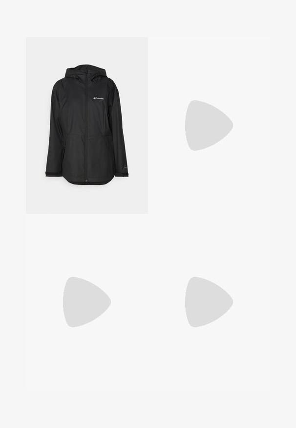 Black waterproof jacket with a hood, zip closure, side pockets, and a logo on the left chest. Smooth texture and lightweight design.; Cream-colored cropped t-shirt with a round neck, short sleeves, and black side panels; features a small black logo on the chest.; Black cropped pants with a smooth texture, zipper pocket details, flat front design, and slightly flared hem. Made from lightweight material.; Columbia TERRASTRIDE CRZ - Hiking shoes - shark/black