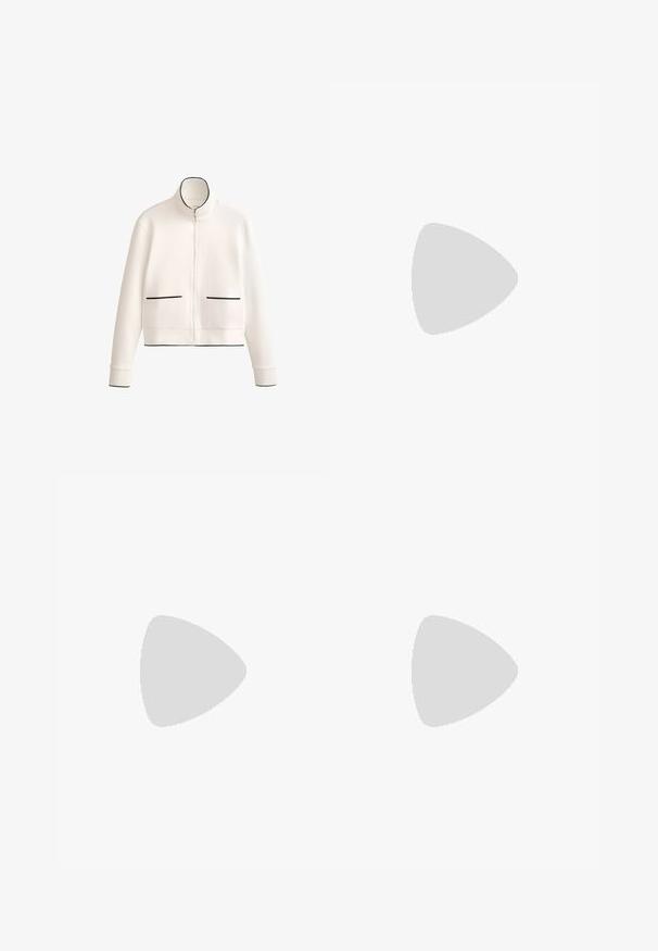 White cropped jacket with zip closure, high collar, two front pockets with black trim, and ribbed cuffs, made from a smooth, textured fabric.; White short-sleeve top with a relaxed fit, featuring a gathered ruched design at the waist and smooth fabric texture. Label: Anna Field.; Stradivarius WIDE - Tracksuit bottoms - white; White leather high heel shoe with a pointed toe and cut-out design. Features a strap with a silver buckle and a block heel.