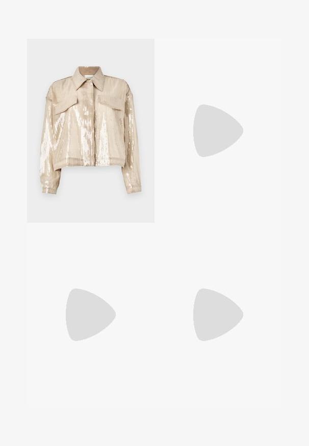 Beige cropped jacket with a sequin finish, featuring a pointed collar, two front pockets, and long sleeves with elastic cuffs.; Cream-colored tank top made of ribbed material, featuring black and silver jeweled lettering that spells "MUSE" on the front.; White denim shorts featuring a straight cut, front pockets, a button closure, and a clean, smooth texture.; Black running shoe with silver accents, GORE-TEX material, textured sole, and colorful laces. Features a cushioned heel for support.