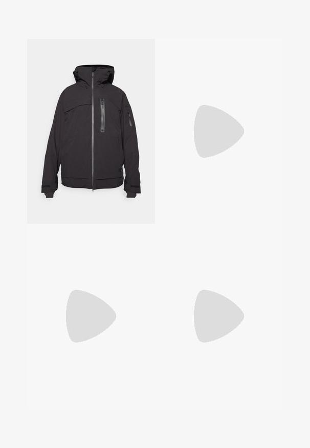 Black insulated jacket with a hood, featuring zippered front and chest pockets, adjustable cuffs, and a smooth texture.; White long-sleeve shirt with a round neck, textured fabric, black logo on the left shoulder, and subtle branding at the bottom.; Black athletic pants made from lightweight fabric, featuring a drawstring waistband, side pockets, and tapered cuffs at the ankles.; Brown waterproof sneakers with a textured upper, perforated accents, black heel support, and a grey rubber sole. Laces are styled with metallic ends.