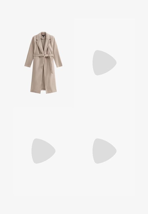 Manteau long beige en matière douce, avec des revers crantés, un devant ouvert et une ceinture nouée à la taille. Tissu lisse et sans texture.; Pull gris avec un col rond, des manches longues et des bords côtelés. Le tissu semble doux avec une texture légère et une coupe légèrement ample.; Jean en denim bleu clair avec une coupe droite, deux poches avant et deux poches arrière. Comprend une braguette à deux boutons et une couture subtile.; Baskets en daim beige avec des rayures en cuir noir, lacets blancs et semelles en caoutchouc orange. Présente la marque "adidas" et "Spezial" sur la languette.; Lunettes de soleil en écaille de tortue avec des montures ovales et des verres verts. Elles présentent des branches fines avec un accent métallique près des charnières.; Sac à main en cuir noir matelassé avec une sangle en chaîne dorée et un fermoir en métal doré. Forme rectangulaire avec une surface texturée.