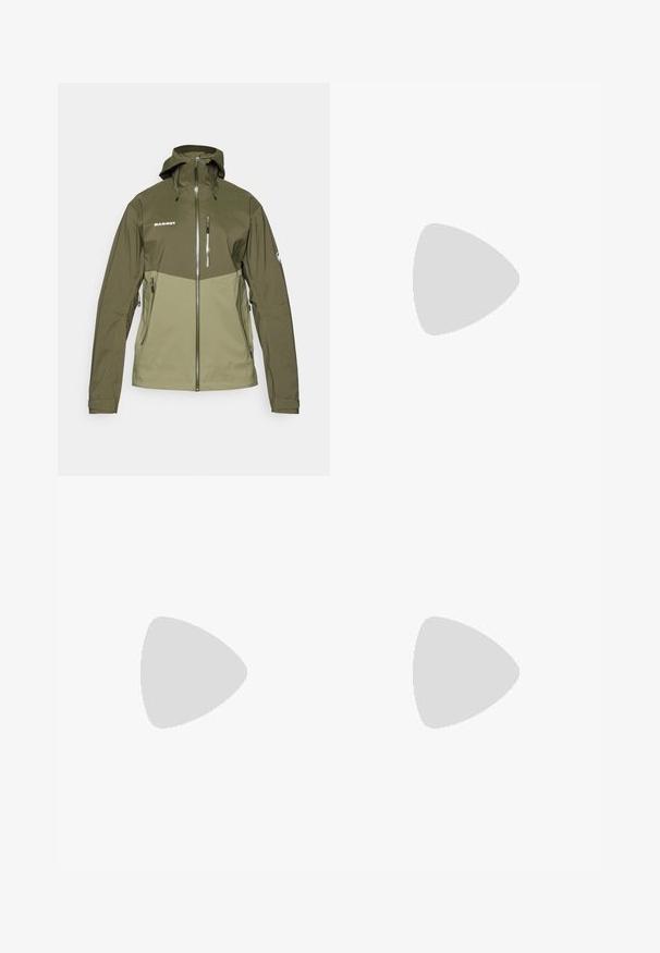 Olive green outdoor jacket with a two-tone design, zippered pockets, adjustable hood, and elastic cuffs. Features a branded logo on the front.; Black short-sleeve T-shirt made from lightweight fabric. Features a white logo on the upper left chest, round neckline, and smooth texture.; Black athletic pants made from lightweight fabric, featuring a drawstring waistband, side pockets, and tapered cuffs at the ankles.; Black trail running shoe with a textured upper, rubber sole, and reinforced toe cap. Features a padded collar and pull tab for easy wear.