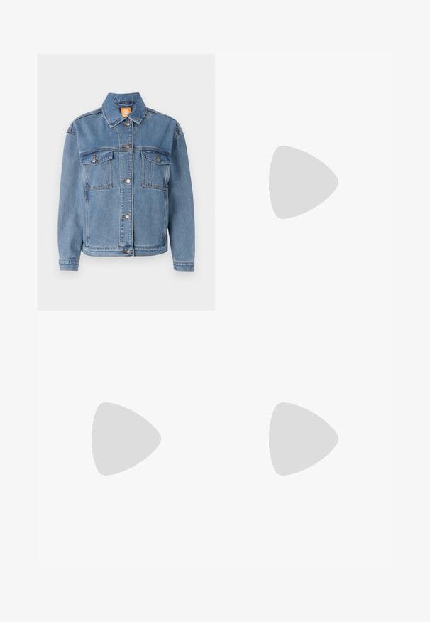 Veste en denim bleu avec un col classique, une fermeture à boutons, deux poches poitrine avec rabat et des détails de couture subtils.; Chemise blanche à manches longues en tissu doux, avec un col rond et un ourlet droit. Design minimaliste sans motifs ou accents visibles.; Jean en denim bleu clair avec une coupe droite, taille haute, deux poches avant et une fermeture à bouton classique. Finition légèrement délavée et sans ornements.; Chaussure de course blanche avec une tige en maille respirante, des accents texturés et une semelle rembourrée. Dispose d'un système de laçage rapide pour un ajustement facile.