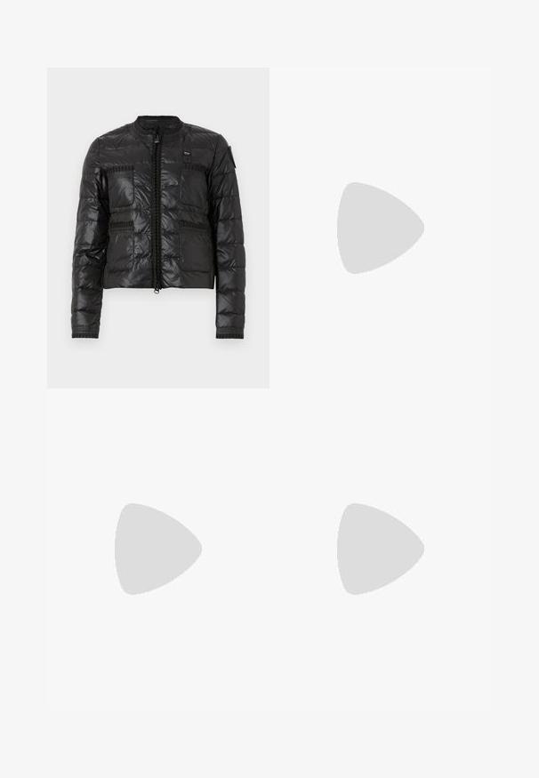 Black puffer jacket with a zip front, ribbed collar, and four front pockets. Features textured shoulder patch and stitched detailing.; Black cotton t-shirt with a round neck, short sleeves, and blue embroidered "Calvin Klein JEANS" logo on the front.; Black straight-leg jeans made of denim, featuring a high waist, five pockets, and a zip fly with a button closure. Slightly faded wash.; Black leather loafers with a rounded toe, thick textured sole, and minimal stitching details. Sleek design with no visible laces or hardware.