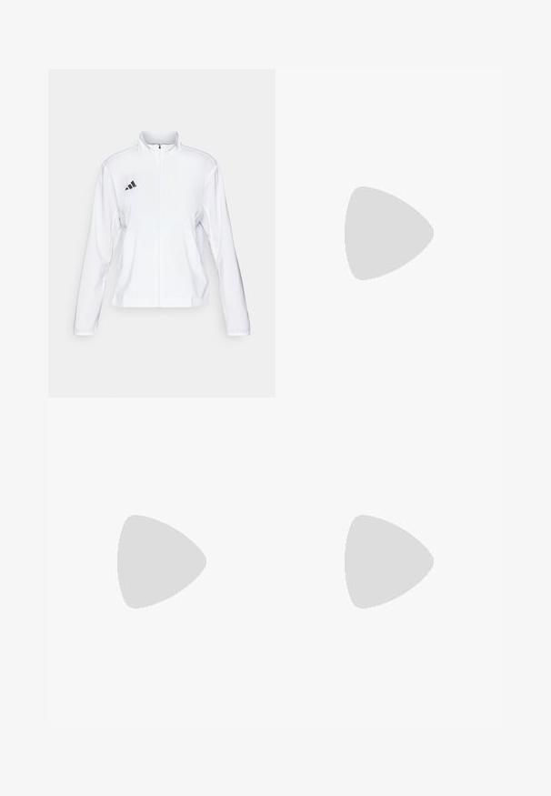 adidas Performance - Kurtka do biegania; Biała sportowa koszulka z krótkim rękawem, wykonana z gładkiego, elastycznego materiału. Posiada małe czarne logo Adidas na piersi.; Białe sportowe szorty z elastycznym pasem i regulowanym sznurkiem. Wykonane z lekkiego materiału, z bocznymi kieszeniami i luźnym krojem.; Białe buty sportowe wykonane z siateczkowego materiału, o smukłym designie, okrągłym nosie, wyprofilowanej pięcie i trzech paskach po zewnętrznej stronie.