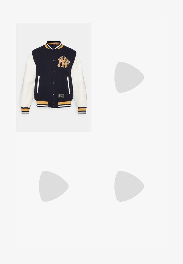 Navy wool varsity jacket with white leather sleeves. Features embroidered logo, floral detail, and striped ribbed collar and cuffs.; White cotton t-shirt with short sleeves and a round neck. Features a small, subtle Nike logo on the chest and a side label.; Light beige wide-leg pants made of cotton. Features front pockets and a button closure. Smooth texture with subtle vertical lines.; Champion RD18 LOW - Trainers - triple white