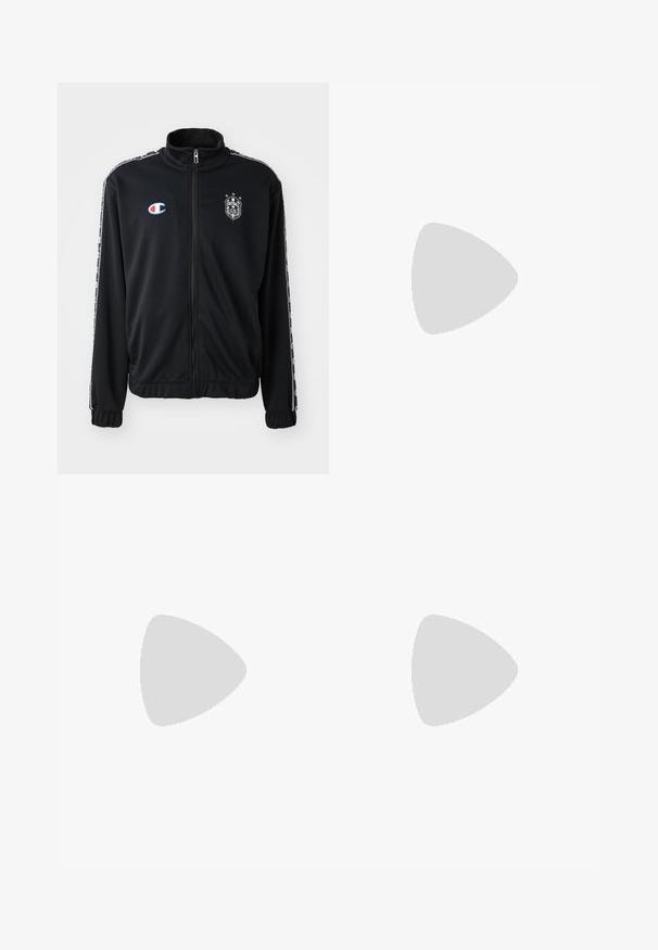 Casaco de treino preto com gola alta, fecho de correr à frente, riscas laterais e logótipo no peito. Feito de um tecido leve e liso, com punhos elásticos.; Jersey verde claro de mangas curtas com detalhes em cinza escuro, apresentando o logótipo da equipa no peito, feito de material respirável com tecnologia de absorção de humidade.; Calções atléticos cinzentos com um cós elástico, riscas laterais verde claro e um logotipo branco do Real Madrid na bainha esquerda.; Chuteira de futebol em roxo e verde, apresentando um design aerodinâmico, parte superior texturizada com padrões em faixa e uma sola translúcida.