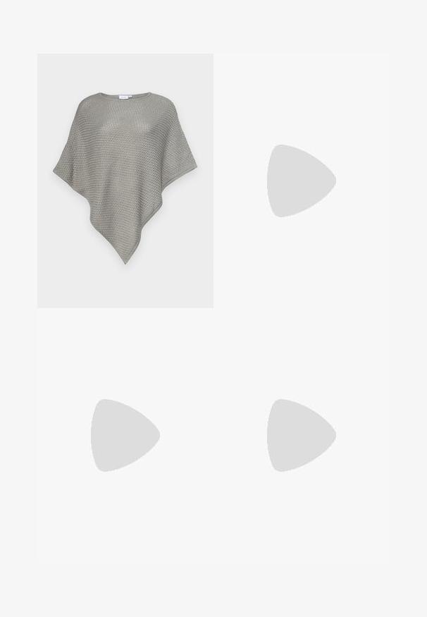 VILA VICILLO O-NECK PONCHO - Skraistė - light grey melange; Juodas medvilninis marškinėliai su trumpomis rankovėmis, virš baltos ilgo rankovio sluoksnio, turinčio subtilų tekstūrinį raštą. Apvalus iškirpimas.; Juodi platūs kelnes su volaniniu juosmeniu, turinčiu dvi šonines kišenes ir glotnią, lengvą medžiagą. Nėra matomų raštų ar detalių.; Juodos sportinės bateliai su stambiu guminiais padu, tekstūrizuotu audinio viršumi, apvaliu pirštu ir raištelių uždarymu. Yra sutvirtinti akių angos ir nugaros kilputė.