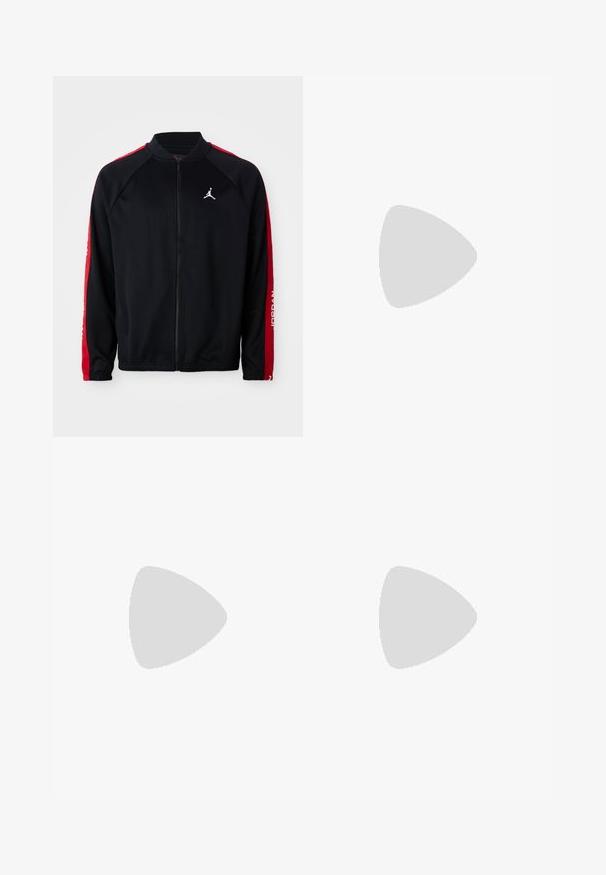 Black zip-up sports jacket with red stripes on sleeves, elastic cuffs, and white Jumpman logo on the left chest.; White cotton t-shirt with short sleeves, rounded neckline, relaxed fit, and no visible logos or patterns. Smooth texture and minimal design.; Black jogger pants made of soft fabric, featuring an elastic waistband with a drawstring, ribbed cuffs, and a small logo on the left thigh.; White leather sneakers with perforations, round toe, flat sole, and thick laces, featuring a visible swoosh logo and "AIR" on the heel.