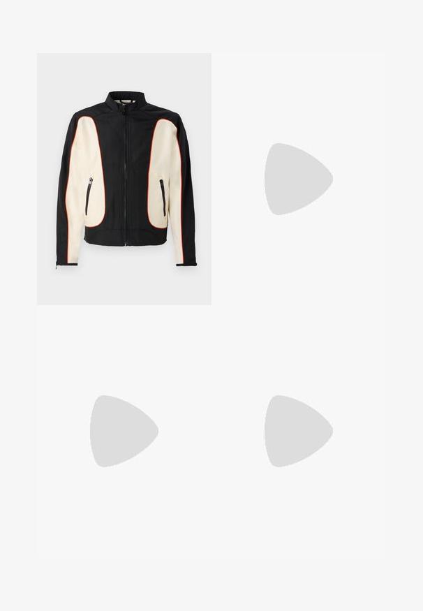 Casaco preto e creme com gola alta. Apresenta detalhes em vermelho, dois bolsos com zíper e um tecido liso, com uma textura ligeiramente texturada.; Camisola preta sem mangas feita de tecido suave, com decote redondo, aberturas para os braços e um pequeno logótipo vermelho no peito. Design simples.; Calças jeans pretas com acabamento desbotado e detalhes desgastados, design padrão de cinco bolsos e fecho com zip. Feitas de tecido denim.; Shoe de corrida preta com um cabedal texturizado apresentando riscas cinzentas. Sola grossa para amortecimento, bico redondo e atacadores planos para um ajuste seguro.