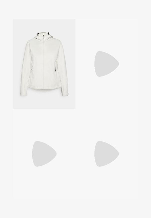 Vit lättviktsjacka med huva, med en främre dragkedja och två sidofickor med dragkedja. Slät textur med elastiska ärmslut och nederkant.; Svart långärmad t-shirt i bomull med rund hals. Har en liten vit logotyp på vänster bröstområde. Enkelt design och passform.; Svarta nylonbyxor med avtagbara ben, justerbara muddar, flera fickor och en logotyp på högra benet. Slät, lätt textur.; Beige och krämfärgad atletisk sko med texturerad meshovandel, stöttande överdrag och gummisulor med ett mönster för grepp.