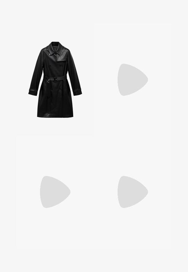 Schwarzer Leder-Trenchcoat mit einem doppelt knöpfbaren Design, breitem Kragen, tailliertem Gürtel und geknöpften Manschetten. Glatte Textur und eleganter Schnitt.; Schwarzes kurzärmeliges Oberteil aus dehnbarem Material mit einer figurbetonten Passform und gerafften Details an den Seiten. Glatte Textur, klassischer Schnitt.; Schwarze Hose mit geradem Schnitt, ausgestattet mit Fronttaschen und Seitenschlitzen am Saum. Hergestellt aus weichem, glattem Stoff. Geeignet für verschiedene Anlässe.; Schwarze Lackleder-Slingback-High Heels mit spitzer Zehenform, ausgeschnittenem Seitendesign und kleinem Blockabsatz. Glatte Textur mit minimalen Akzenten.