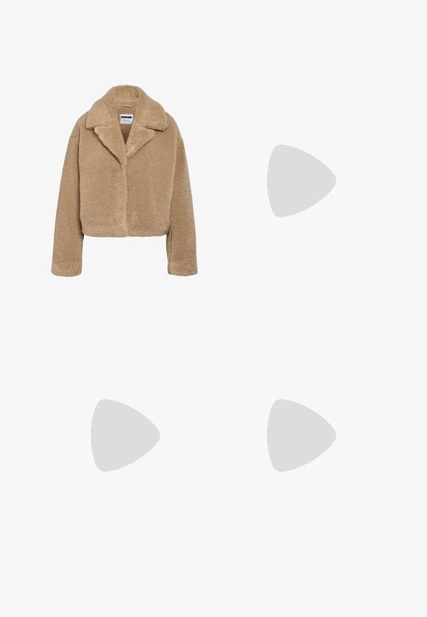 Cropped beige teddy coat with a notched collar, textured fleece material, and long sleeves. Features a hidden front closure.; Dark navy cropped knit sweater with ribbed texture, short wide sleeves, and a round neckline. Simple design, no visible patterns or accents.; Wide-leg jeans in dark blue denim. Features five pockets, belt loops, and a raw hem at the bottom with visible stitching details.; Knee-high black leather boots with a squared toe and block heel, shown with a model seated in an olive green coat. Smooth texture, minimal detailing.