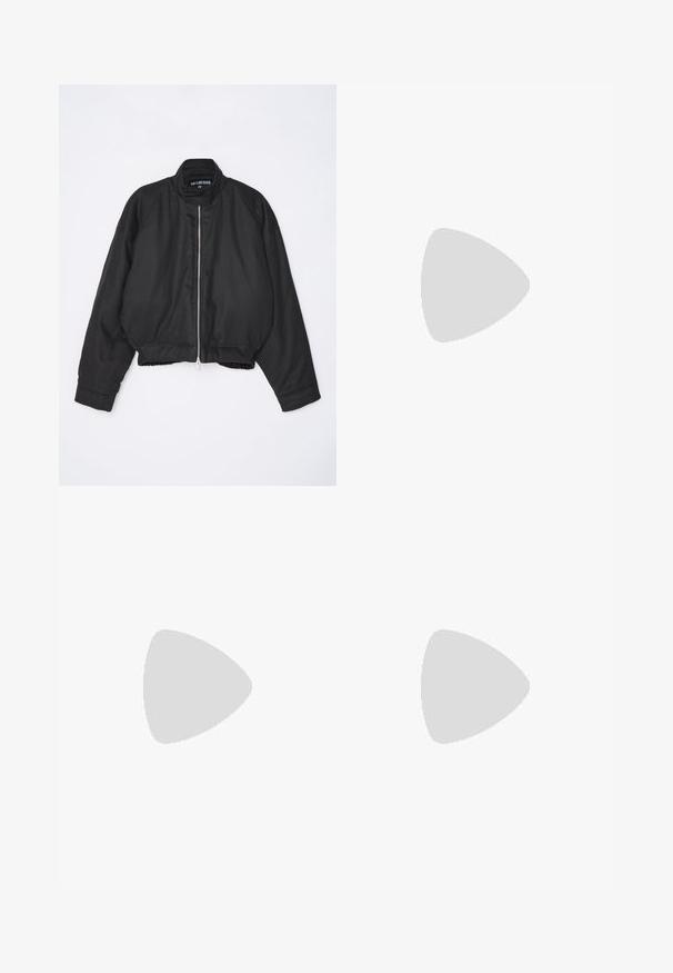 Black bomber jacket with a high collar, zip front closure, and gathered hem. Features raglan sleeves and a smooth fabric texture.; Black cotton t-shirt with a crew neck and short sleeves. Features subtle logo embroidery on the left chest. Flat, smooth texture.; Gray trousers made of textured fabric, featuring a straight leg design, a single button closure, and front pleats for a tailored look.; Black sneaker with leather and suede materials, round toe, beige laces, a gum rubber sole, and side perforations for breathability.