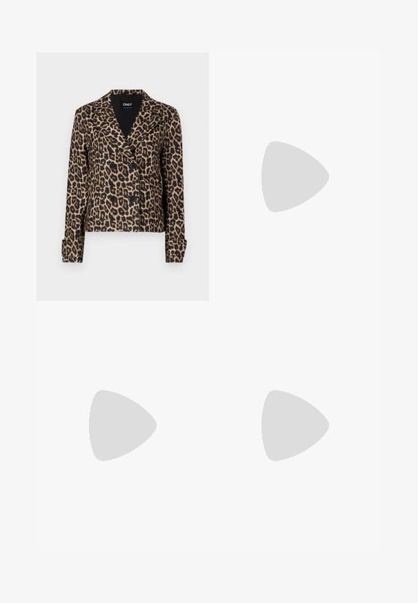 Leopard print blazer with a cropped design, featuring a double-breasted front, black buttons, and notched lapels. Soft fabric texture.; White sleeveless tank top made of ribbed fabric, featuring a rounded neckline and a fitted silhouette, with minimal seams and no embellishments.; Light blue flared jeans made of denim, featuring a high waist, five-pocket design, and subtle gradient fading towards the hem.; Brown leather cowboy boots with pointed toe and block heel, featuring detailed stitching and raised accents on the shaft.; Black leather clutch bag with a flap and a gold metal buckle detail. Includes a black strap and a sleek, minimalist design.; Silver hoop earrings with a twisted design, featuring a polished finish and post-back closure. Measure approximately 3 cm in diameter.
