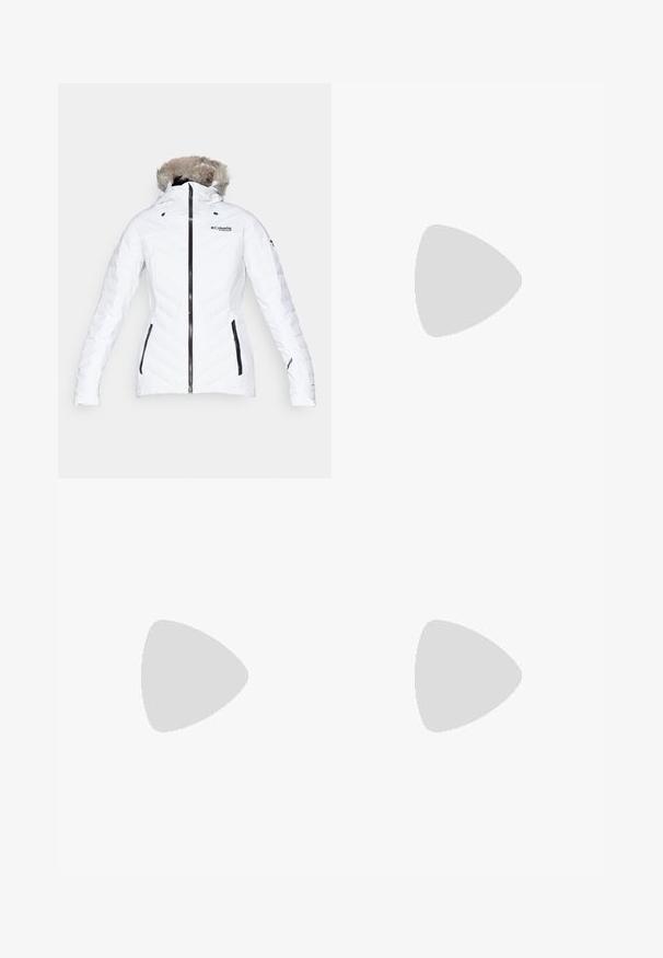 Columbia BIRD MOUNTAIN™ INSULATED JACKET - Jachetă schi - white; Cămașă cu mâneci lungi de culoare gri închis, cu un grafic de copaci roșii și munți; logo-ul "COLUMBIA" în text alb îngroșat. Material moale, guler standard de tip crew.; Pantaloni de zăpadă albi cu un design elegant, având două buzunare frontale, panouri inferioare negre întărite și închidere cu nasture la talie.; Columbia REDMOND - Pantofi drumeție - black/citron haze