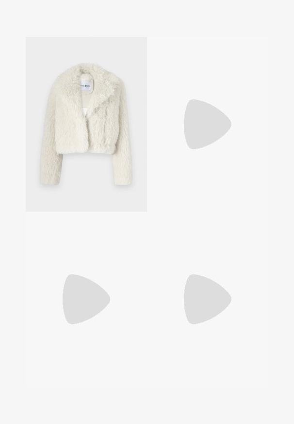 Cropped white faux fur jacket with a wide collar, featuring a soft, textured surface and long sleeves. Label visible inside.; Black short-sleeve t-shirt with a deep V-neckline, featuring a mesh panel and printed design on the inner layer. Soft, breathable fabric.; Black tailored trousers with a straight leg, two front pockets, a button closure, and pleat detailing on the front. Smooth fabric texture.; Black leather ankle boot with a smooth texture, pointed toe, and a chunky high heel. Features a side opening and minimalistic design.; Black leather handbag with wing design accent. Features two rounded handles and a detachable shoulder strap. Textured surface. Compact shape.