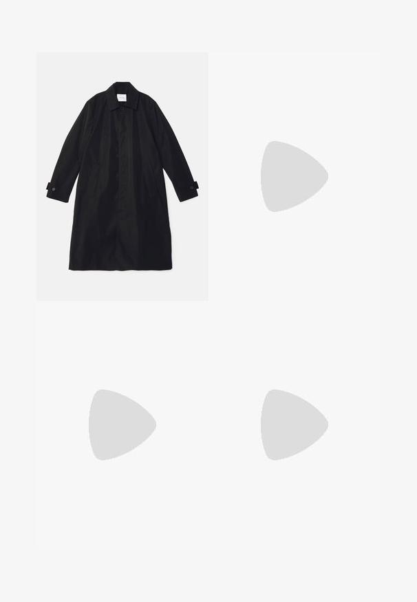 Black trench coat made of smooth fabric, featuring a classic collar, two side pockets, and buttoned cuffs for adjustable fit.; Tiger of Sweden PRO - Basic T-shirt - black; Filippa K MILO TROUSER - Trousers - dark chocolate; Tiger of Sweden ACADEMI - Slip-ons - black