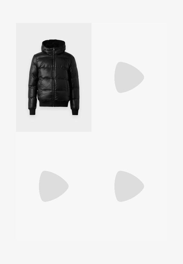Black puffer jacket with a shiny, quilted exterior, a lined hood, and ribbed cuffs and hem. Features a front zipper closure.; Gray cotton blend t-shirt with black Nike logo; features a small Nike label on the side hem; simple design, short sleeves.; Beige cargo pants in a lightweight cotton material. Features elastic cuffs, multiple side pockets, and a button closure.; White leather sneakers with perforations, round toe, flat sole, and thick laces, featuring a visible swoosh logo and "AIR" on the heel.