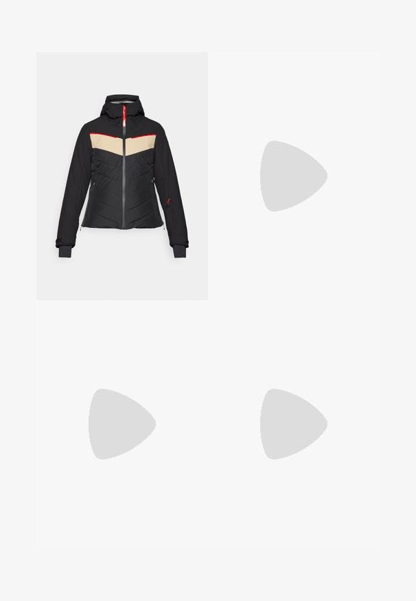 Schwarze isolierte Jacke mit einem beigen und roten Zickzackdesign. Verfügt über eine Kapuze, einen Frontreißverschluss und Seitentaschen. Weicher Stoff.; Kurzärmliges weißes Sportshirt mit Rundhalsausschnitt, das ein Logo auf der Brust und eine glatte, leichte Stofftextur aufweist.; Mammut RUNBOLD ZIP OFF PANTS WOMEN - Outdoor-Hose - black; Schwarze Wanderschuhe mit einem strukturierten Obermaterial aus Stoff, Schnürsystem und robuster Gummisohle. Akzentuiert mit reflektierenden Details und Logos.