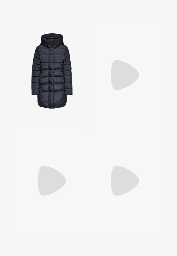 Manteau d'hiver rembourré navy foncé avec capuche, doté d'un design matelassé et d'un zip à l'avant, fabriqué en matériau lisse et brillant.; Haut à col roulé à manches longues blanc, fabriqué en tissu lisse et extensible. Il présente un col haut et une coupe ajustée, sans motifs ni embellissements visibles.; Jeans larges bleu clair en denim, dotés d'une taille haute, d'un design à cinq poches et d'un léger dégradé pour un aspect usé.; Baskets plates blanches en matériau synthétique lisse, avec un bout arrondi, un design à lacets et une semelle en caoutchouc texturé. Accent de talon noir.