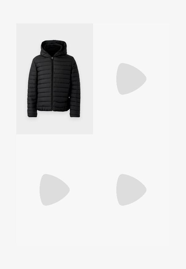 Black puffer jacket with a hood, featuring quilted design, lightweight, full zipper, and elastic cuffs for warmth and comfort.; Long-sleeved white cotton shirt with a round neckline, side slits at the bottom, and a smooth texture, displayed from the back.; Light blue denim jeans with a straight-leg design, five pockets, button closure, minimal fading, and contrasting stitching details.; White sneaker with a smooth leather upper and a low profile. Features a rounded toe, six eyelets, and a textured rubber sole.
