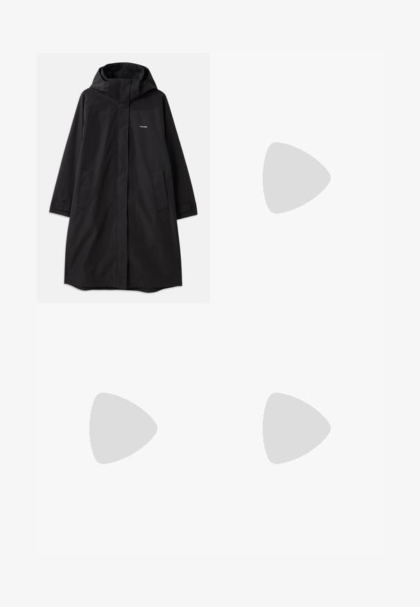 Black waterproof coat with hood, long sleeves, side pockets, and front zipper. Features minimalistic design with brand logo on chest.; White short-sleeve t-shirt made of ribbed fabric. Round neckline, regular fit, and subtle stitching details. No patterns or graphics.; Black flared jeans made of denim, featuring two front pockets, a button closure, and a smooth texture. Signature stitching visible at seams.; Paul Smith TOPANGA - Ballet pumps - black; Brown leather handbag with a flap closure, gold-tone hardware, a shoulder strap, and a smooth texture. Compact rectangular shape.