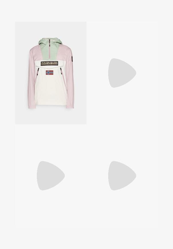 Napapijri RAINFOREST - Windbreakers - multi coloured; Grå bomuldsblanding t-shirt med sort Nike-logo; har en lille Nike-label på sidekanten; enkelt design, korte ærmer.; Beige cargo bukser i et letvægts bomuldsstof. Har elastiske manchetter, flere sidelommer og en knaplukning.; Hvide lædersneakers med perforeringer, rund tå, flad sål og tykke snørebånd, med et synligt swoosh-logo og "AIR" på hælen.