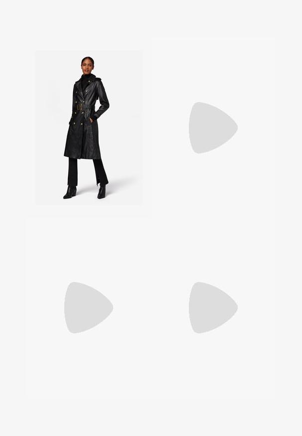 Zwarte leren trenchcoat met een dubbelrijgreep, een ceintuur in de taille, grote knopen en zijzakken. Bevat een klassieke reverskraag en gespleten benen.; Zwarte longsleeve top van zacht materiaal, met een gedrapeerd ontwerp en een kruislings front en een boot halslijn. Soepele textuur, cropped lengte.; Lichtblauwe denim jeans met een wijdere pijpdesign, voorzien van een knoop- en ritsluiting, vijf zakken en minimale stikseldetails.; Bruin sportschoen met bovenkant van mesh en synthetisch materiaal, voorzien van drie strepen, gedetailleerde stiksels, tochtige zool en kenmerkende veerkrachtige hak.; Gouden pailletten trekkoord handtas met een ronde handgreep, versierd met glanzende ronde pailletten en een gemêleerde stof. Afmetingen zijn niet opgegeven.