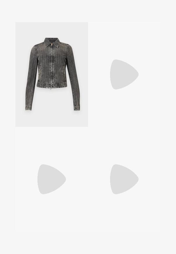 Τζάκετ από τζιν σε ξεθωριασμένο μαύρο χρώμα με φερμουάρ μπροστά, μυτερό γιακά και δύο πλαϊνές τσέπες; διαθέτει κάθετη ριγωτή υφή και κοντό κόψιμο.; Λευκό κοντομάνικο μπλουζάκι, φαρδιές κοντές μανίκες, μαλακό βαμβακερό υλικό, στρογγυλή λαιμόκοψη με διακριτική πορτοκαλί λεπτομέρεια, μινιμαλιστικός σχεδιασμός, χωρίς σχέδια ή γραφικά.; Άσπρο κομμένο παντελόνι με φαρδύ τελείωμα, με εμπρός πιέτες και λεία υφή, φτιαγμένο από ελαφρύ ύφασμα.; Μαύρο παπούτσι slingback με αιχμηρή μύτη και χαμηλό τακούνι, κατασκευασμένο από λείο δέρμα με σχέδιο κοπής στη πλευρά για αερισμό.