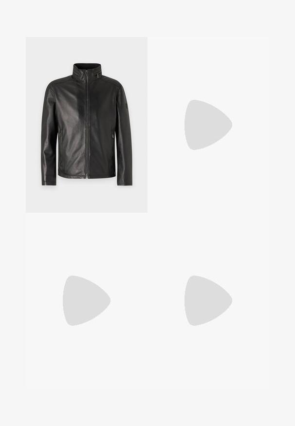 JOOP! OLAF - Jachetă piele - black; Tricou alb din bumbac cu un model geometric mare, de culoare roz deschis, încadrat de o margine subțire. Mâneci scurte și un design clasic cu gât rotund.; Pantaloni de jogging negri, confecționați dintr-un material neted. Prezintă un talie elastică cu șnur, picioare conice și fără buzunare vizibile. Design simplu.; Sneaker din piele neagră, cu vârf jos, cu șireturi negre și talpă de un alb murdar, prezentat în profil lateral, pe un fundal alb.
