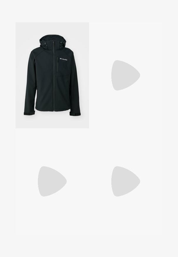 Sort softshell jakke med lynlås foran, justerbar hætte, lynlåslomme på brystet og velcro-manchetter. Har en glat tekstur og Columbia-logo.; Sort bomulds t-shirt med korte ærmer, rund hals og et lille hvidt logo på venstre bryst. Enkel design, glat tekstur og afslappet pasform.; Sorte atletiske bukser lavet af letvægtsstof, med en snor i taljen, sidelommer og tapered manchetter ved anklerne.; Sort udendørs sneakers med overdel i ruskind, tekstureret gummisål og robust snøringssystem. Har en forstærket hæl og logo fra mærket på siden.