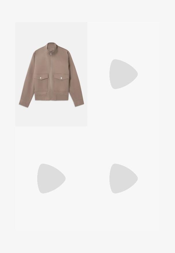 Taupe-colored bomber jacket with front zipper, two snap-button flap pockets, and ribbed detailing at the hem.; Black cotton t-shirt with a crew neck and short sleeves. Features a small blue logo on the left chest. Simple, straight-cut design.; Cream-colored sweatpants with black side stripes, elastic waistband, and ribbed cuffs. Soft fabric with a relaxed fit.; Low-top beige sneaker with laces, light pink suede strip, perforated side details, white ridged sole, and dark green heel tab.