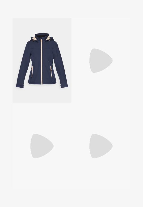 Giacca impermeabile blu navy con cappuccio beige, chiusura frontale con zip, due tasche con zip e coulisse regolabile. Tessuto liscio, design leggero.; Maglietta nera a maniche corte realizzata in tessuto sintetico. Presenta un collo rotondo, cuciture piatte e un accento riflettente. Logo stampato sul petto.; Mammut RUNBOLD PANTS WOMEN - Pantaloni outdoor - claystone; Scarpa atletica leggera Columbia in rete bianca con suola grigia testurizzata e trazione in gomma. Presenta un colletto imbottito e un design con lacci.