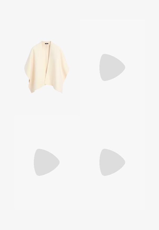 Krémový vlněný šál, otevřený vpředu, bez zapínání. Měkká textura, splývavý design a široké rukávy s zaoblenými okraji. Minimalistický styl.; Černé bavlněné tričko s krátkým rukávem, na levém prsou s malou grafikou růžové motýlky. Design s kruhovým výstřihem a volným střihem.; Bershka Kalhoty - dark brown; Černé lakované kožené lodičky na pásku s špičatou špičkou a geometrickým blokovým podpatkem. Vyznačují se elegantním, minimalistickým designem a hladkým povrchem.; Černá taška z umělé kůže s dvojitými dlouhými uchy, tvarovaná, hladká textura a minimalistický design. Žádný viditelný kovový doplněk ani akcenty.