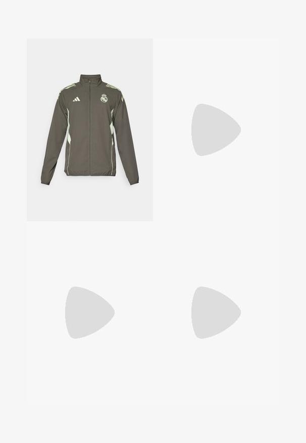 Harmaa takki, jossa on korkea kaulus, koko vetoketju ja vaaleanvihreät yksityiskohdat. Takissa on Adidas-logo ja vaakunasuunnittelu rinnassa.; Vihreä lyhythihainen paita harmailla yksityiskohdilla, mustalla logolla ja raidoilla. Valmistettu hengittävästä materiaalista, suunniteltu urheiluvaatteeksi.; Harmaat urheiluhousut, joissa on joustava vyötärö, karhean pinnan ja erottuvan vihreän sivuvärityksen yksityiskohdat. Mukana logo.; Mustat urheilukengät, joissa on teksturoitu verkkomateriaali yläosassa, valkoiset korostusraidat, pehmustettu pohja ja vahvistettu kanta tuen vuoksi.