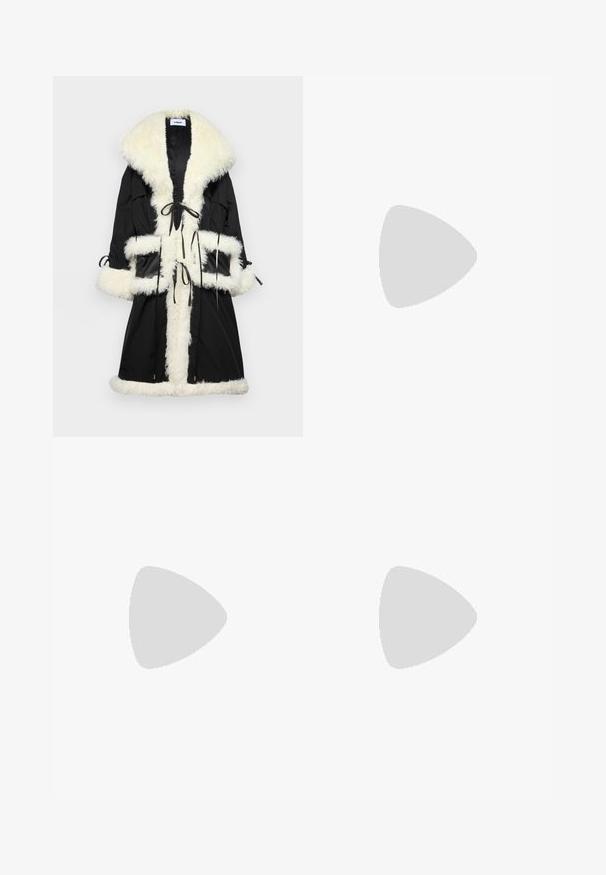 Black outerwear with faux fur collar and trim in cream. Features drawstring closures and two front pockets. Material appears smooth and warm.; Black long-sleeve turtleneck top made of smooth fabric, featuring a ruffled neck and fitted silhouette with simple edges.; Black tailored pants with a straight-leg design, featuring belt loops and side pockets. Made from smooth fabric with a clean finish.; Silver knee-high boot with crinkled texture, pointed toe, and a low heel. Made from shiny material with a reflective surface.