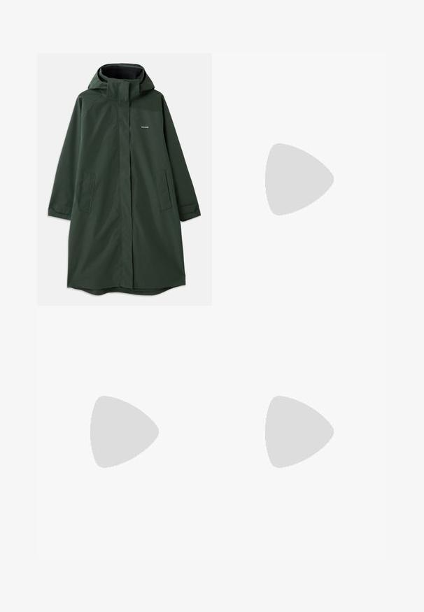 Dark green waterproof coat with a hood, featuring a front zipper, side pockets, and a relaxed fit. Smooth texture, minimal branding.; Navy turtleneck sweater with long sleeves, made from soft knit fabric. Features ribbed collar and cuffs, with a simple design and no patterns.; Wide-leg blue denim jeans with a high waist, featuring a button closure, belt loops, and subtle stitching details along the pockets and hems.; Black leather ankle boot with a rounded toe, block heel, side zipper, and stitching accents on the vamp. Smooth texture, classic design.