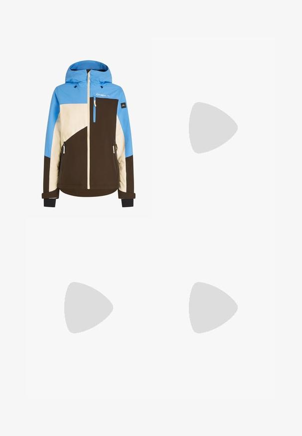Ski jacket with a blue, beige, and brown color block design. Features a hood, front zip, and side zip pockets. Made from durable fabric.; Black long-sleeve t-shirt made of cotton with a round neck. Features a small white logo on the left chest area. Simple design and fit.; Black nylon zip-off cargo trousers with adjustable cuffs, multiple pockets, and a logo on the right leg. Smooth, lightweight texture.; Beige and cream athletic shoe with textured mesh upper, supportive overlays, and rubber outsole featuring a tread pattern for traction.