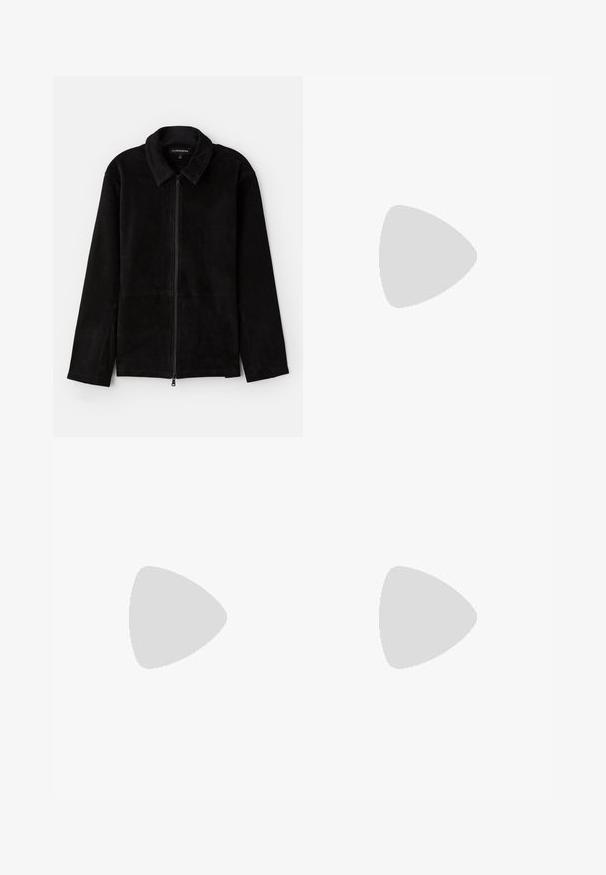 Black suede jacket featuring a collared neck, front zipper closure, and long sleeves with a smooth texture. Minimalistic design, no additional patterns.; Black cotton t-shirt with a round neck and short sleeves; features red embroidered "Emporio Armani" logo and heart on the chest area.; Navy blue trousers with a straight leg design, made from textured fabric. Features a front button closure and adjustable drawstring waist.; Black leather sneaker with a low profile, rounded toe, and lace-up closure; features a textured rubber sole and logo detail on the heel.