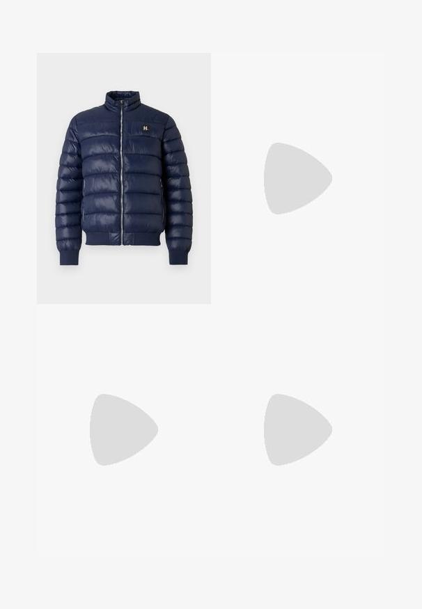 Navy blue puffer jacket made from glossy material, featuring a zip front, high collar, ribbed cuffs, and a small logo on the chest.; White cotton T-shirt with a crew neck, short sleeves, and a subtle embossed logo on the chest. Interior tag has an orange accent.; White trousers made from smooth fabric, featuring a straight leg design, front pleats, and a single button closure at the waist.; White leather sneaker featuring a textured upper, a round toe, minimalistic design, and a rubber sole with stitched detailing.