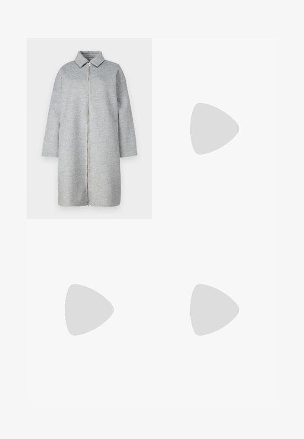 Gray wool coat with a collar, full-length zipper, and long sleeves. Soft texture and below-knee length. Minimalist design with no embellishments.; Black cotton t-shirt with a round neck, short sleeves, and blue embroidered "Calvin Klein JEANS" logo on the front.; White tailored trousers with a straight fit, featuring front pleats, two side pockets, and a clean waistband for a polished look.; Black leather high-heeled sandals with a slim, curved heel and a crossed strap design. Adjustable ankle strap. Smooth texture.