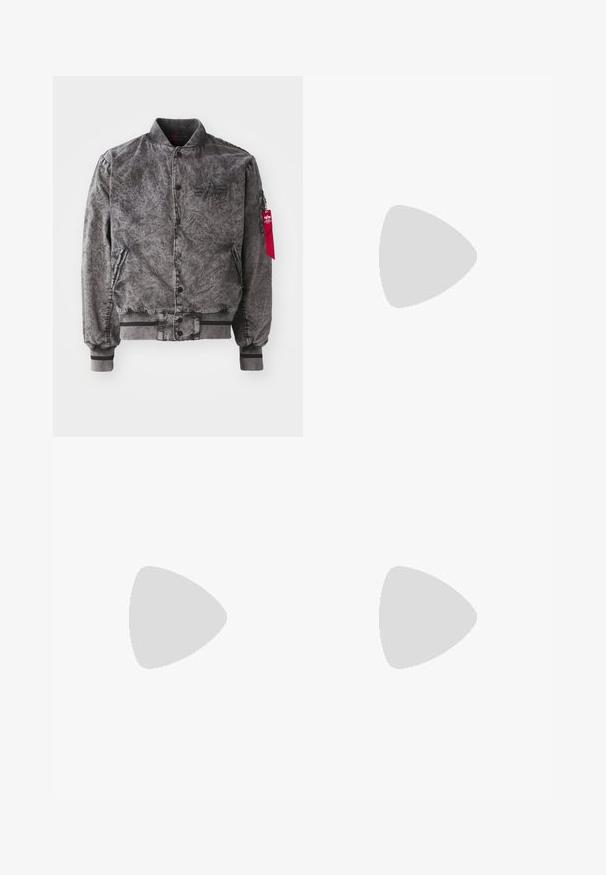 Gray bomber jacket with a textured finish, button closure, and ribbed cuffs. Features side pockets and a red tag accent.; Nike black cotton t-shirt with a classic crew neck, short sleeves, and a subtle, embossed logo on the chest. Smooth texture.; Black sweatpants made of soft fabric with an elastic waistband, drawstring, and a small Nike logo on the left thigh.; Black athletic shoes with textured fabric and rubber soles, featuring elastic laces and a blue accent on the heel. Worn with light denim pants.