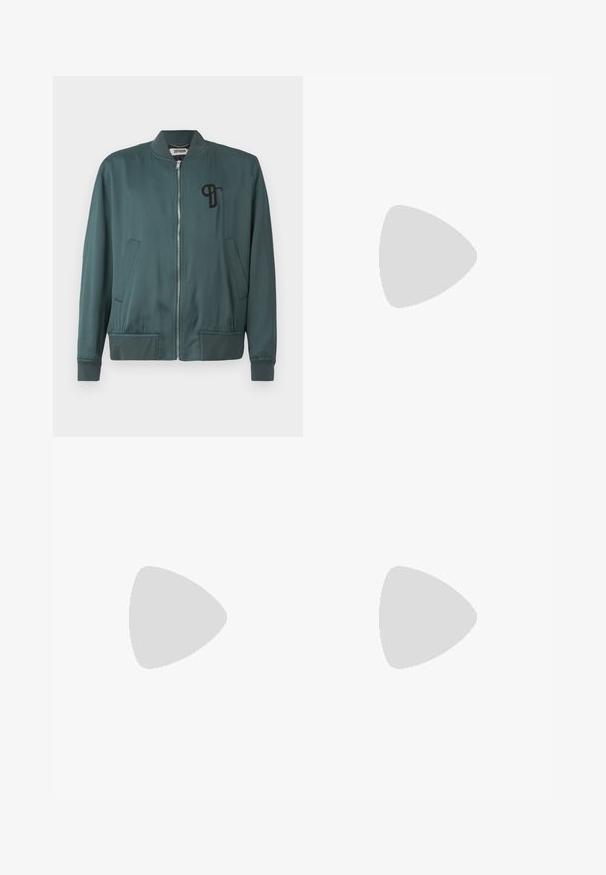 Green bomber jacket featuring a zip front, ribbed cuffs and hem, two side pockets, and a black embroidered logo on the left chest.; Long-sleeved white cotton shirt with a round neckline, side slits at the bottom, and a smooth texture, displayed from the back.; Light blue denim jeans with a straight-leg design, five pockets, button closure, minimal fading, and contrasting stitching details.; White sneaker with a smooth leather upper and a low profile. Features a rounded toe, six eyelets, and a textured rubber sole.