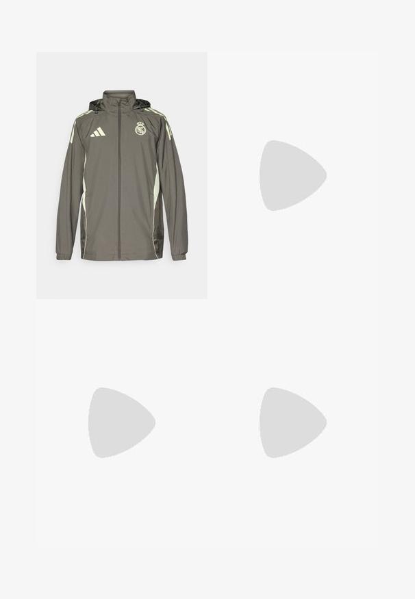 Gray waterproof jacket with a hood, light green accents, zip closure, and embroidered logo. Features side pockets and elastic cuffs.; Light green short-sleeve jersey with gray accents, black logo and stripes. Made from breathable material, designed for athletic wear.; Gray athletic pants with an elastic waistband, featuring a textured finish and contrasting green side accents. Includes a logo detail.; Black athletic shoes with a textured mesh upper, white accent stripes, a cushioned sole, and a reinforced heel for support.