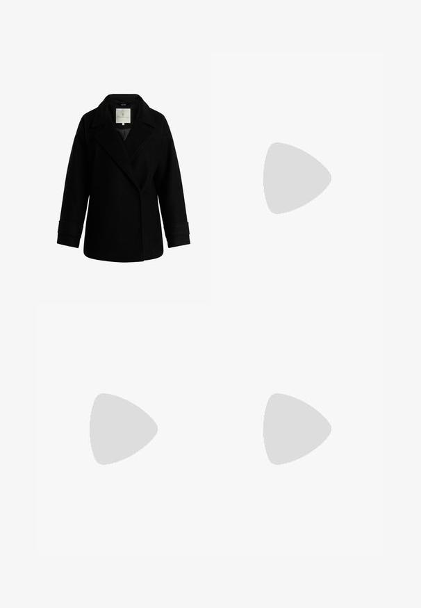 Zwarte wolblend jas met een gelapte kraag, lange mouwen en manchet-details. Heeft een enkelvoudige voorzijde en een gladde textuur.; Twee mouwloze ribgebreide coltruien in zwart en wit, met een slim fit ontwerp en een gladde textuur, met een cropped lengte.; Zwarte wijde broek van lichtgewicht stof, met een knoopsluiting aan de voorkant en een vlakke achterkant, afgewerkt met keurig gestikte zoom.; Sportschoenen met een witte leren bovenkant, grijze suède neus en drie zwarte strepen. Bevat een blauw logo op de tong en een gestructureerde rubberen zool.