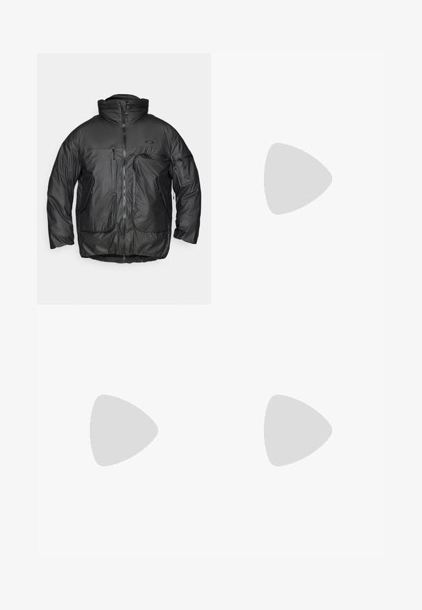 Schwarze isolierte Jacke mit hohem Kragen, Front-Reißverschluss und mehreren Reißverschlusstaschen. Aus glattem, glänzendem Stoff mit lockerer Passform gefertigt.; Schwarzes T-Shirt mit kurzen Ärmeln aus leichtem Stoff. Mit einem kleinen weißen Logo auf der linken Brust und dezenten Akzenten an den Schultern.; The North Face HORIZON PANT - Outdoor-Hose - black; Grau Trailrunning-Schuh mit einer strukturierten Oberseite, haltbarer Gummisohle und verstärkter Zehenkappe. Verfügt über Schnürsenkel und ein Markenlogo an der Seite.