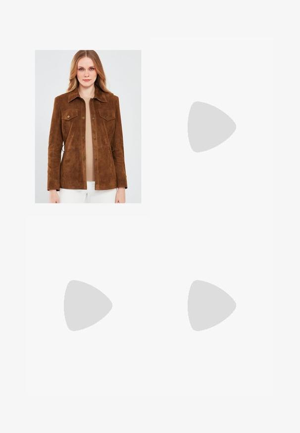 Brown suede jacket with a button-up front, two chest pockets, and a collar. Features a soft texture and subtle stitching details.; White short-sleeve sweater with a textured, fluffy surface, a round neckline, and a cropped fit. Soft material and simple design.; Brown suede mini skirt with a smooth texture, straight cut, and a seamless waistband, featuring a minimalistic design without patterns or embellishments.; Brown leather knee-high boot with a sleek design, rounded toe, and block heel. Features a stitching detail along the edges for added texture.