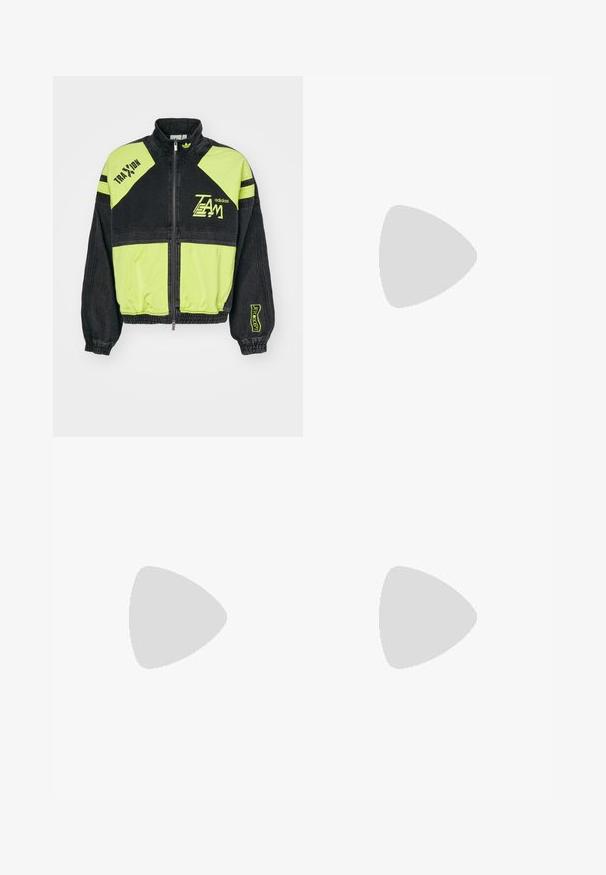 Casaco Adidas preto e verde-neon com fecho, contendo os textos "EQUIPE" e "TRAXION", além de punhos e cintura elásticos.; T-shirt preto feito de tecido liso com decote redondo, apresentando três riscas verdes nos ombros e um pequeno logo verde no peito.; Calças atléticas pretas com um cós elástico, apresentando riscas brancas laterais e um pequeno logótipo. O material parece macio e leve.; Tenis em camurça preta com detalhes amarelos, apresentando três riscas e uma sola de borracha castanha. Inclui uma língua acolchoada para maior conforto.
